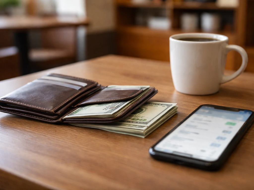 Minimal desk scene with a smartphone, wallet, and coffee—symbolic of restaurant business wealth analysis.