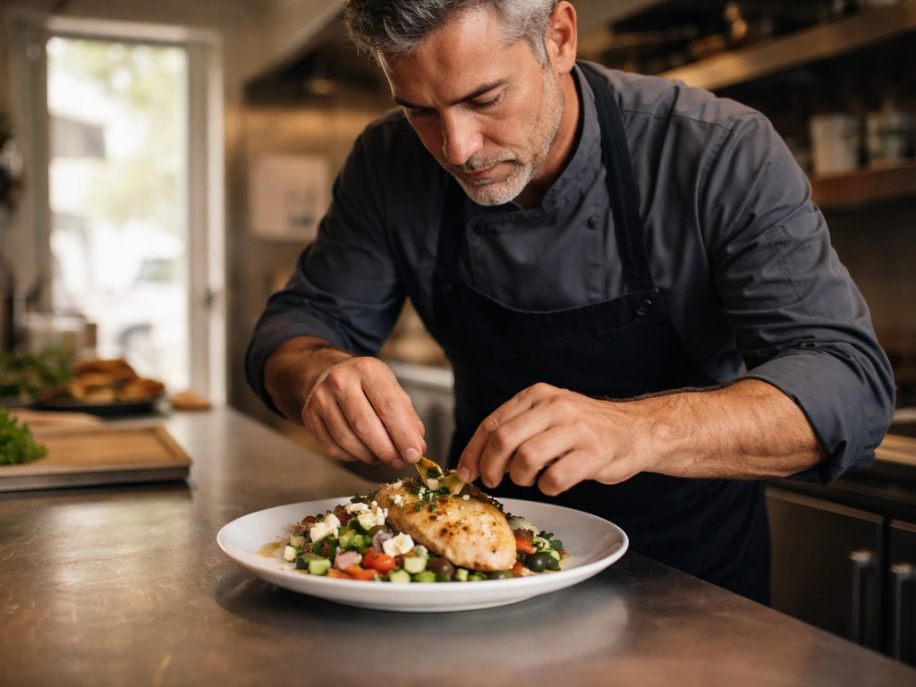 Greek-American restaurateur in a minimal restaurant kitchen, holding a plated dish
