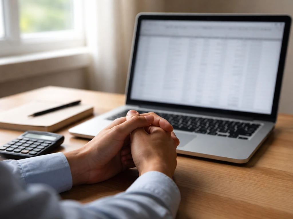 Minimal desk scene with an open laptop, calculator, and blurred spreadsheets suggesting net worth estimation.