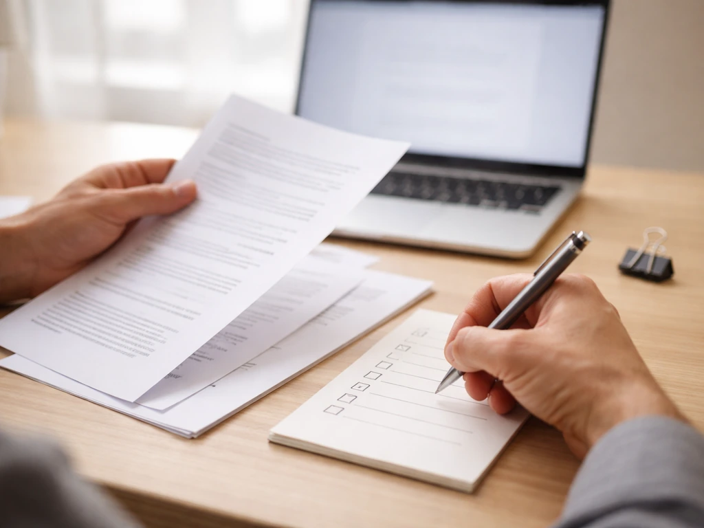 Hands reviewing business documents and a checklist beside a laptop in a quiet office