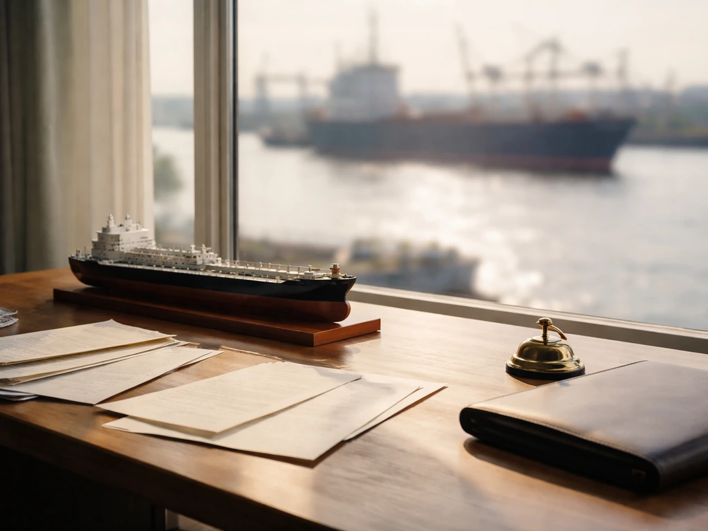 Sunlit maritime office desk with shipping documents, a model tanker, and blurred harbor at window
