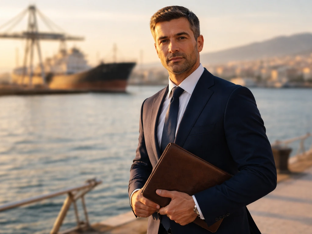 Anonymous shipping executive in a navy suit at an Athens marina with a blurred cargo ship behind