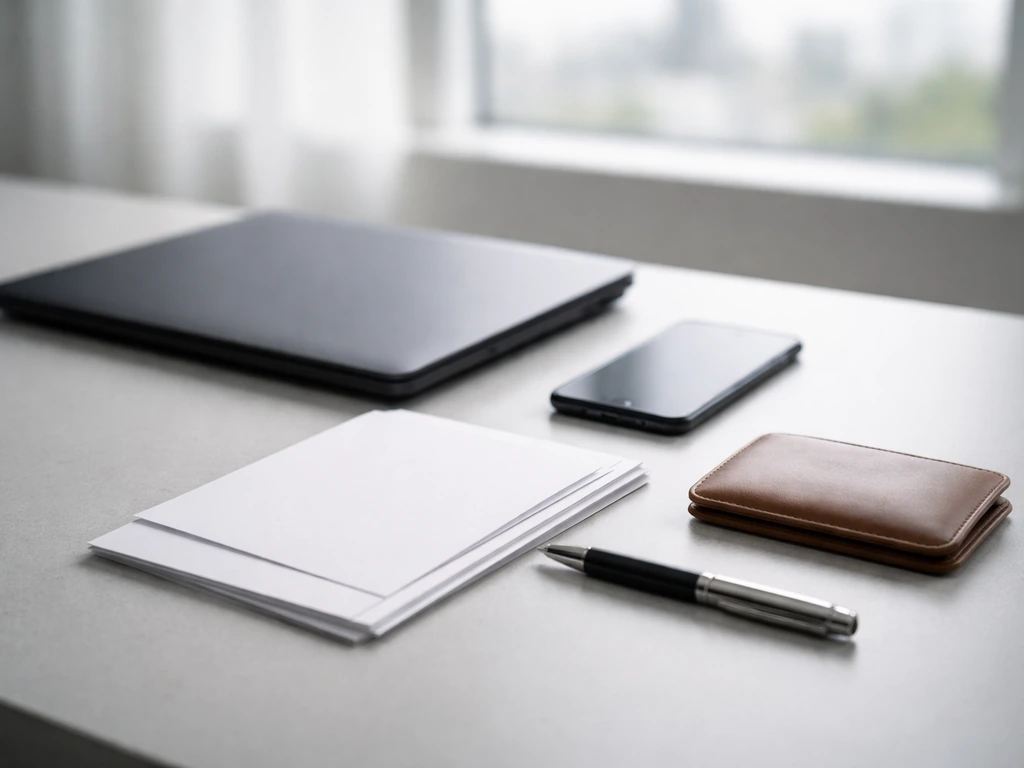 Minimal office desk with documents, phone, and pen suggesting wealth estimation and sourcing context.