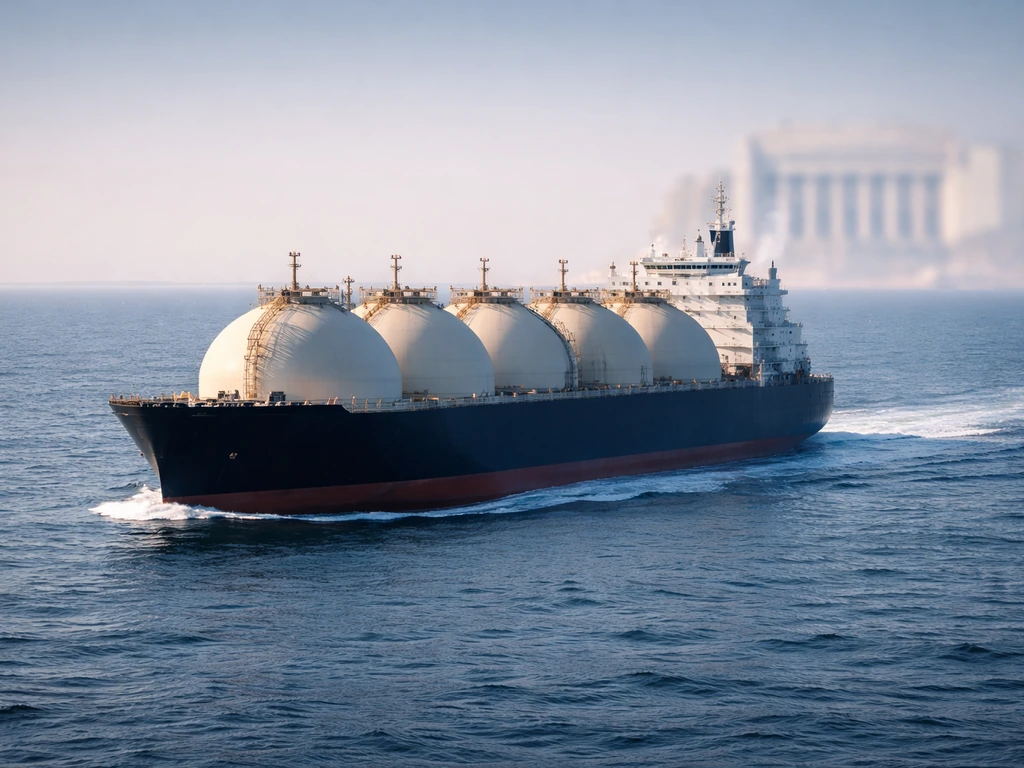 LNG tanker at sea with a subtle contrast of a stock-trading vibe, evoking TEN assets