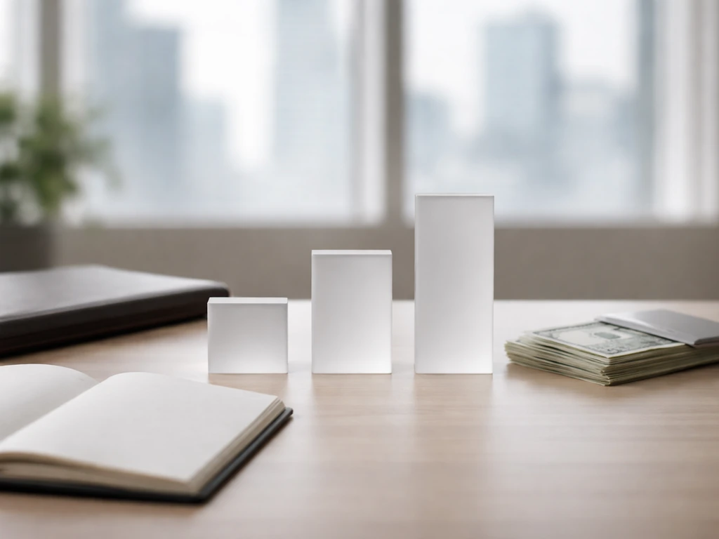 Minimal office desk with money props and three glass height blocks suggesting a range and midpoint.
