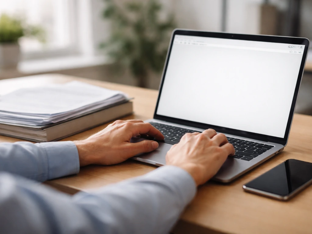 Person working on a laptop in an office while reviewing corporate registry-like documents for an estimate check.