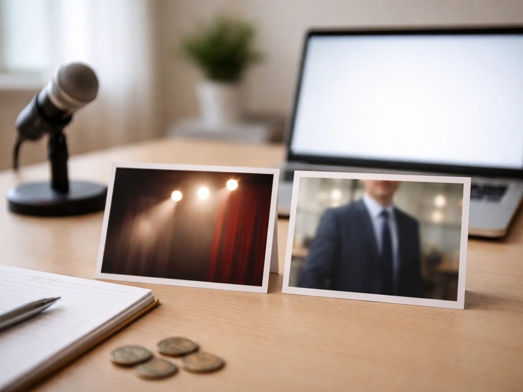 Minimal desk with two blurred side-by-side photo cards (media vs business) suggesting which person is meant.