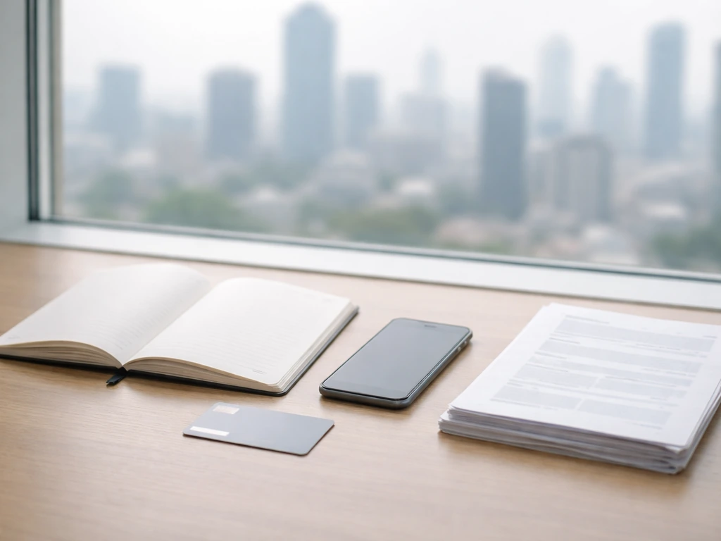 Minimal photo of a desk with a notebook, phone, and credit card symbols for public-signal net worth estimation