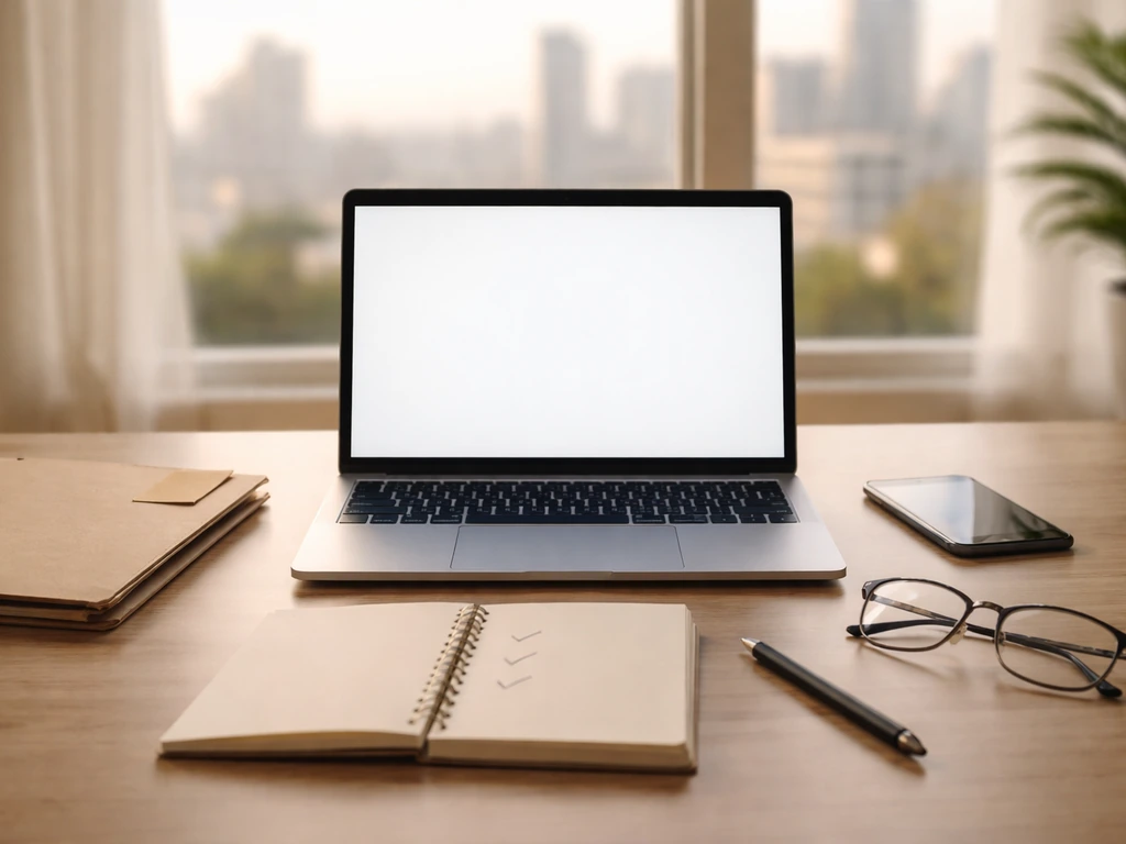 Minimal desk with laptop and phone showing a simple verification workflow for an estimate.