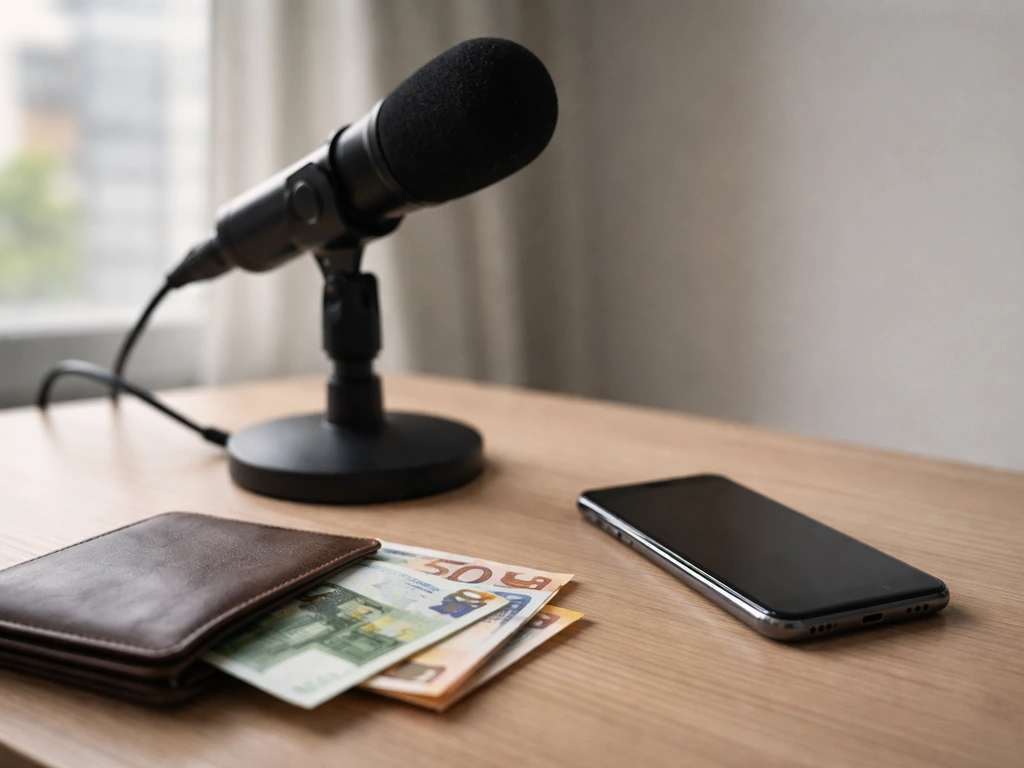 Minimal studio desk scene with microphone, smartphone, and scattered euros symbolizing media and finances