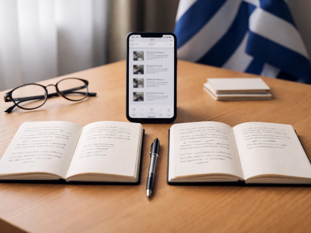 Two open notebooks and a phone on a desk, suggesting disambiguation of Greek media identities.