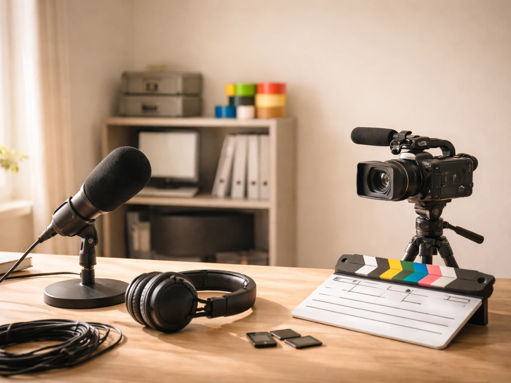 Minimal TV studio desk with microphone and camera, representing media production and licensing income