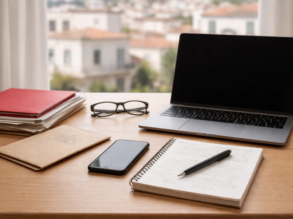 Desk setup with smartphone, laptop, and documents in natural light, symbolizing verifying an estimate.