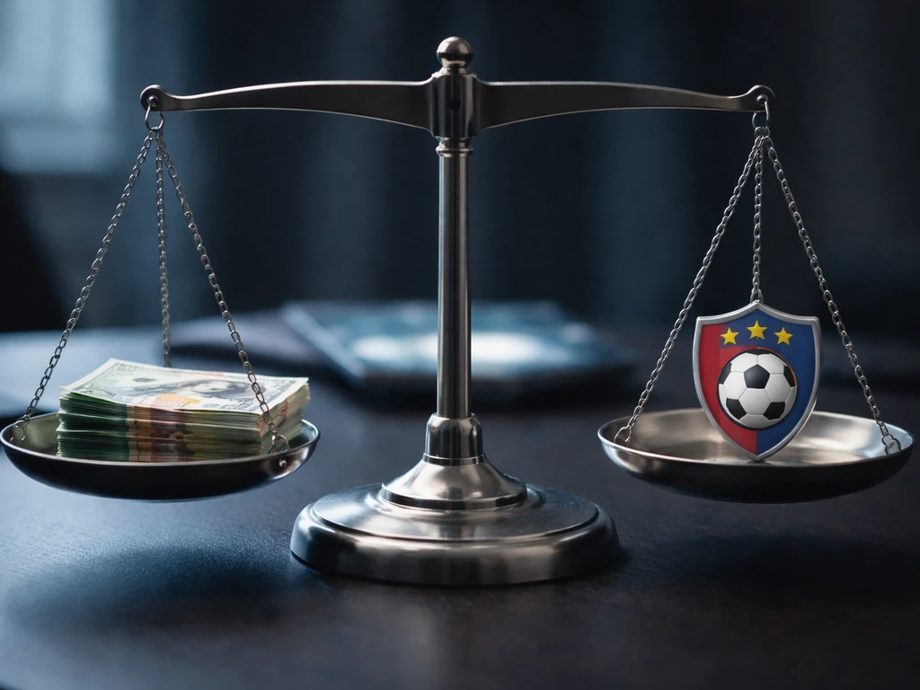 Close-up of a digital scale-style balance with a football badge icon and cash beside it, symbolizing wages vs squad cost