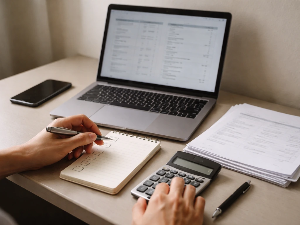 Hands reviewing blank checklist and financial documents on a desk with laptop and calculator.
