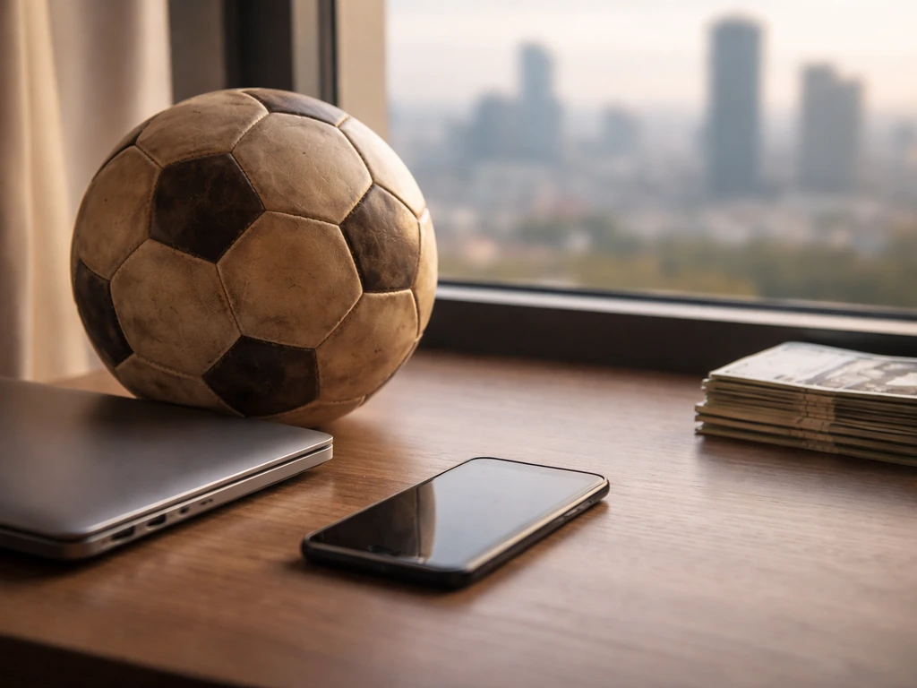 Anonymous desk scene with a soccer ball, smartphone, and euro cash near a laptop by a window skyline.
