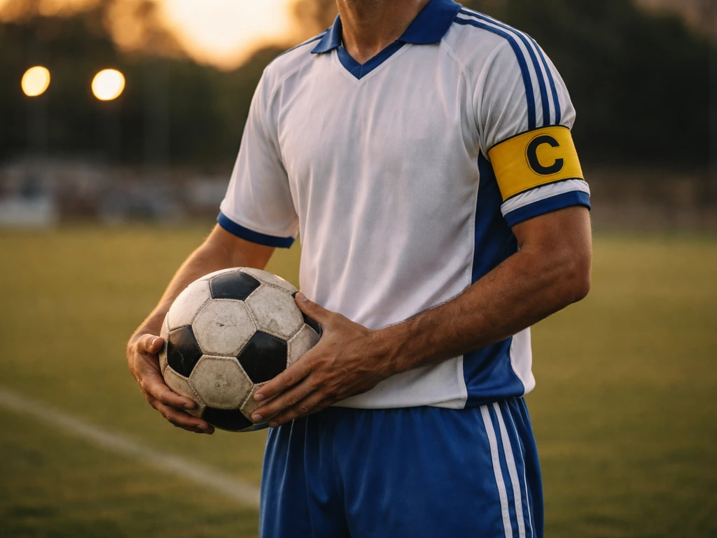 Anonymous football captain in vintage kit on a pitch at golden hour with a ball and armband.