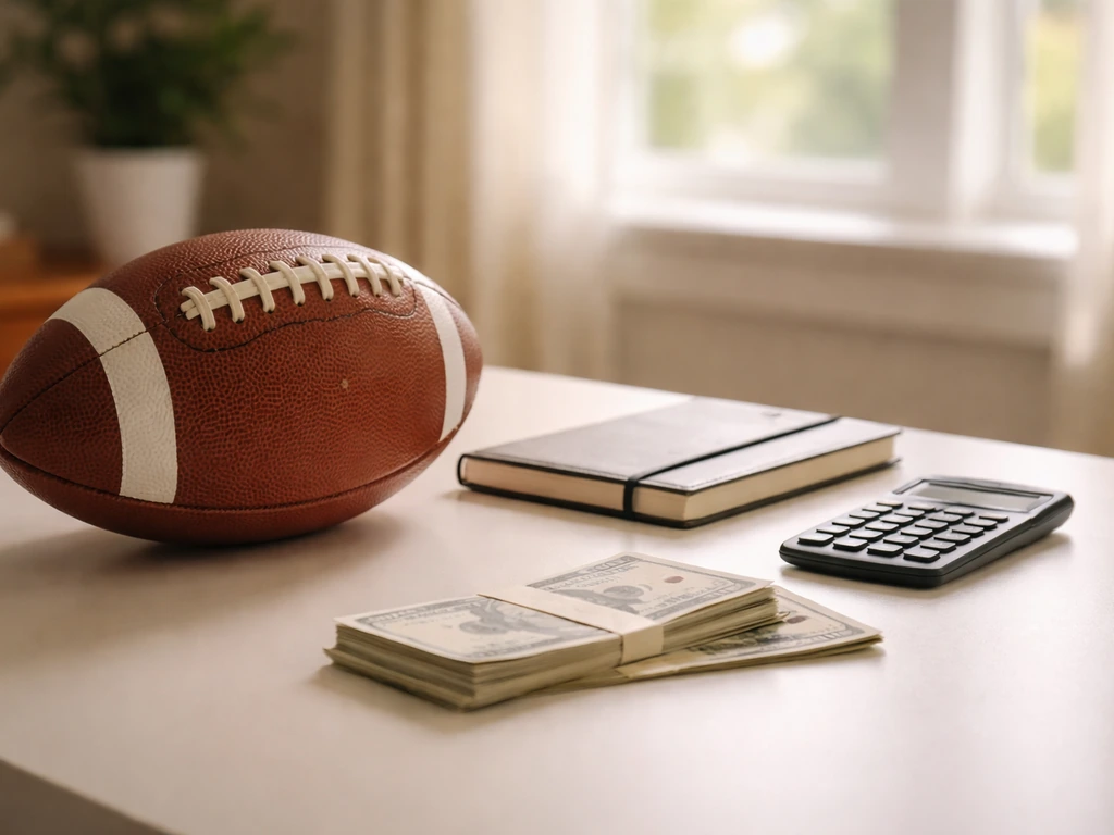 Minimal office scene with a football on a desk beside a calculator and cash, symbolizing career earnings