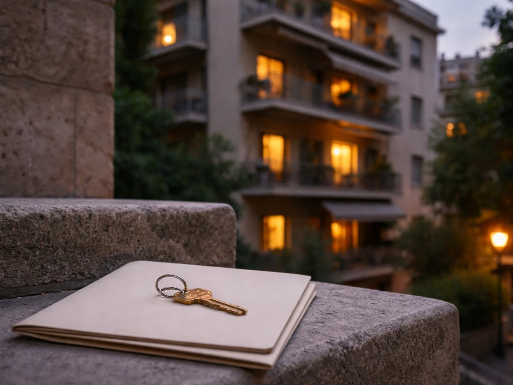 Athens apartment building exterior with a house key and blank property document folder in the foreground.