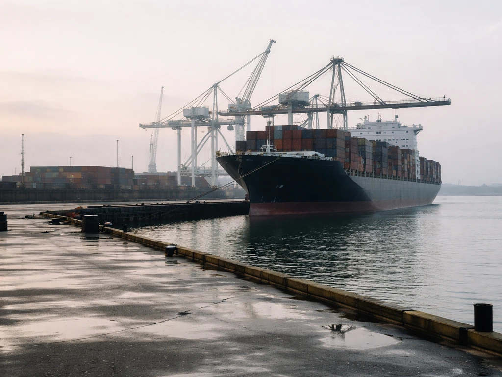 Sunlit shipyard scene with cranes and cargo ships, suggesting maritime business and wealth context.