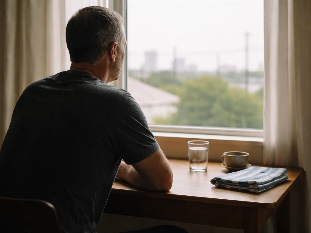 Anonymous man at a desk by a window with soft Houston skyline cues and subtle Greek blue-and-white cloth.