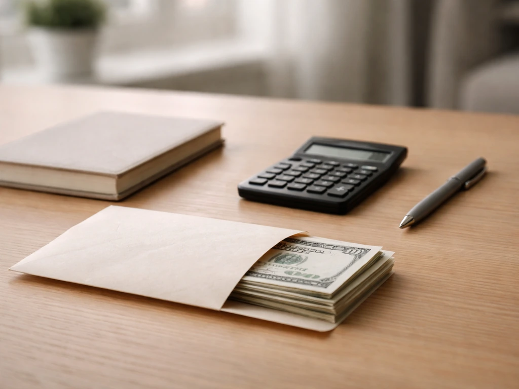 Minimal desk scene with a calculator and cash envelope, symbolizing a transparent net worth estimate