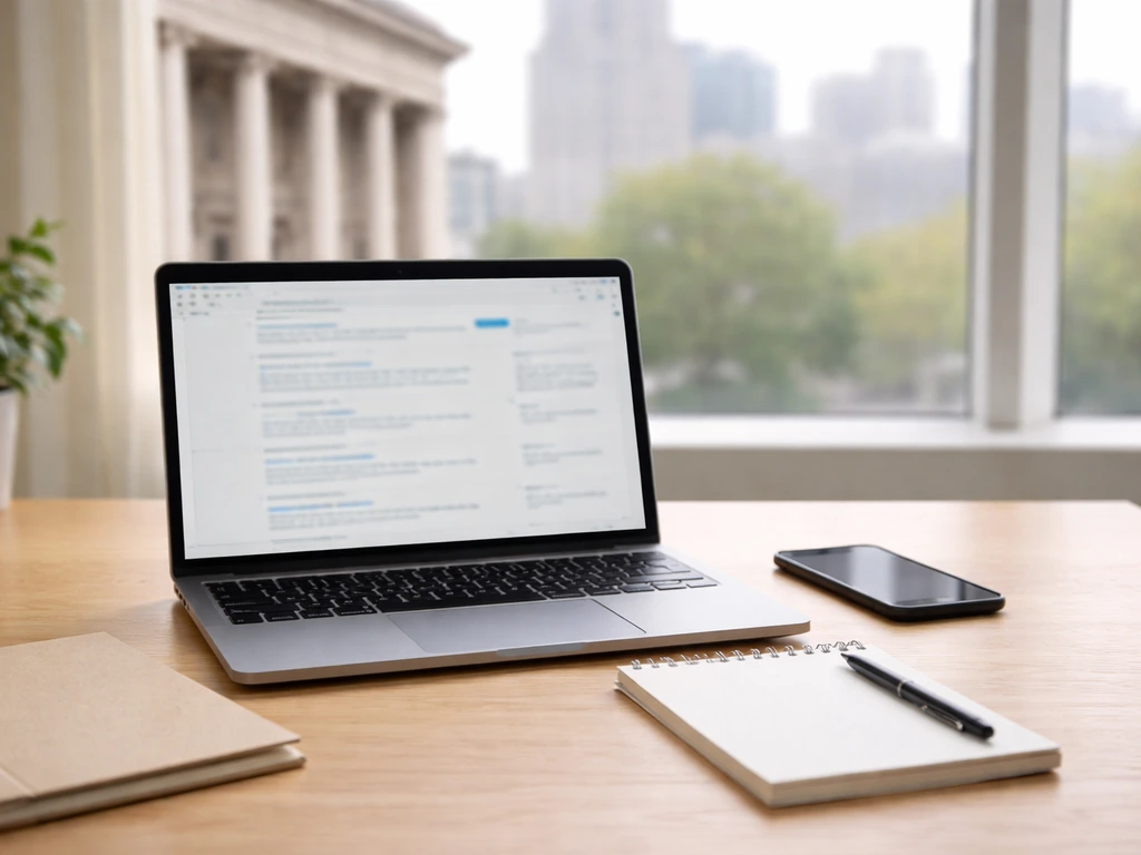 Minimal desk with laptop and phone suggesting checking public business records, courthouse view outside.