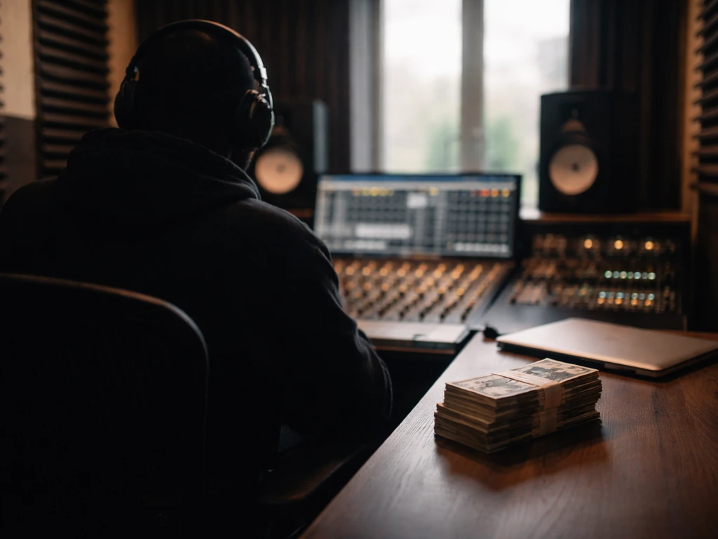 Anonymous music studio desk scene with cash envelopes and mixing console under natural window light