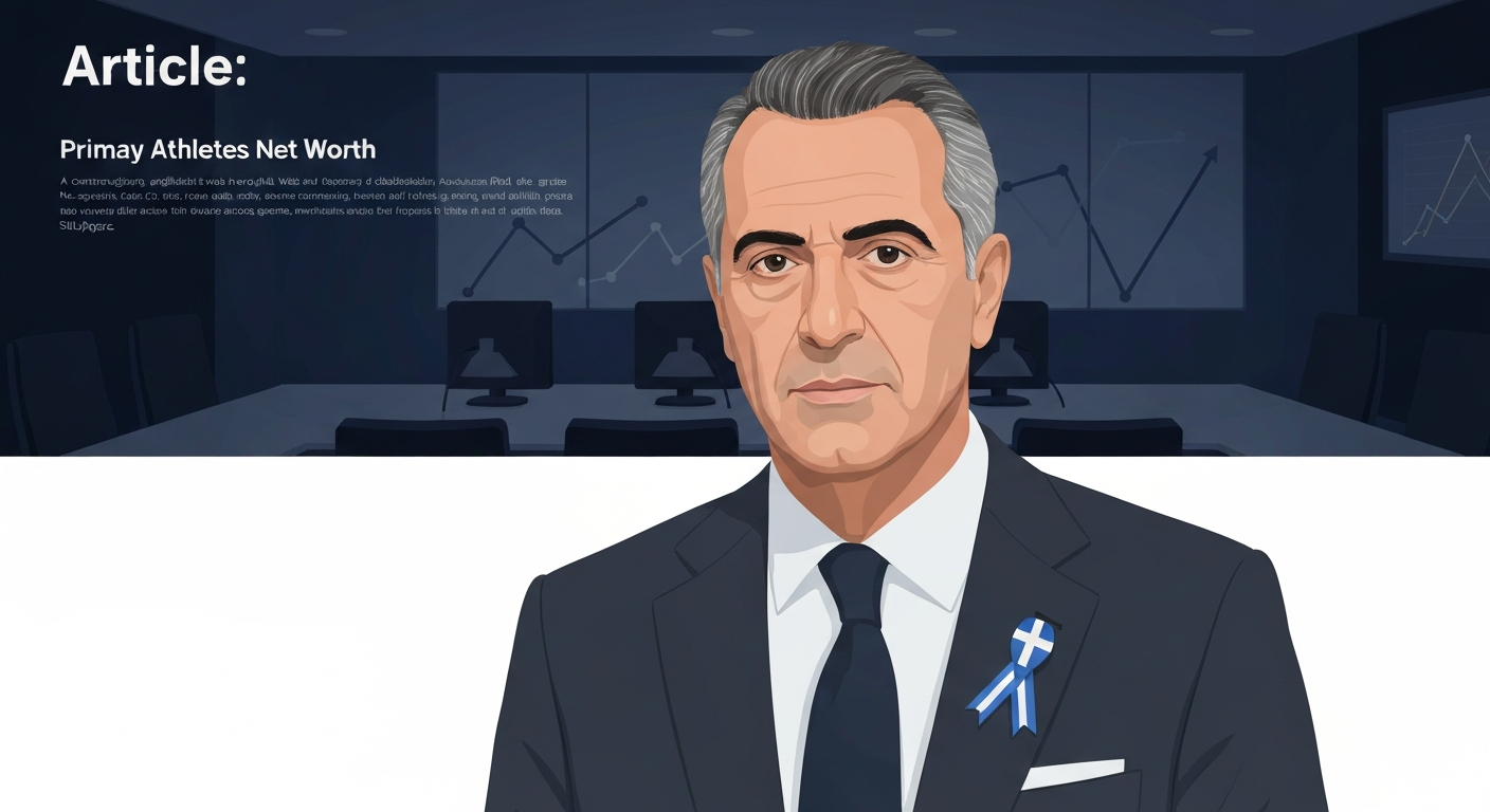 Stylized portrait illustration of a senior biopharma executive in a navy suit with a subtle Greek motif and corporate background.
