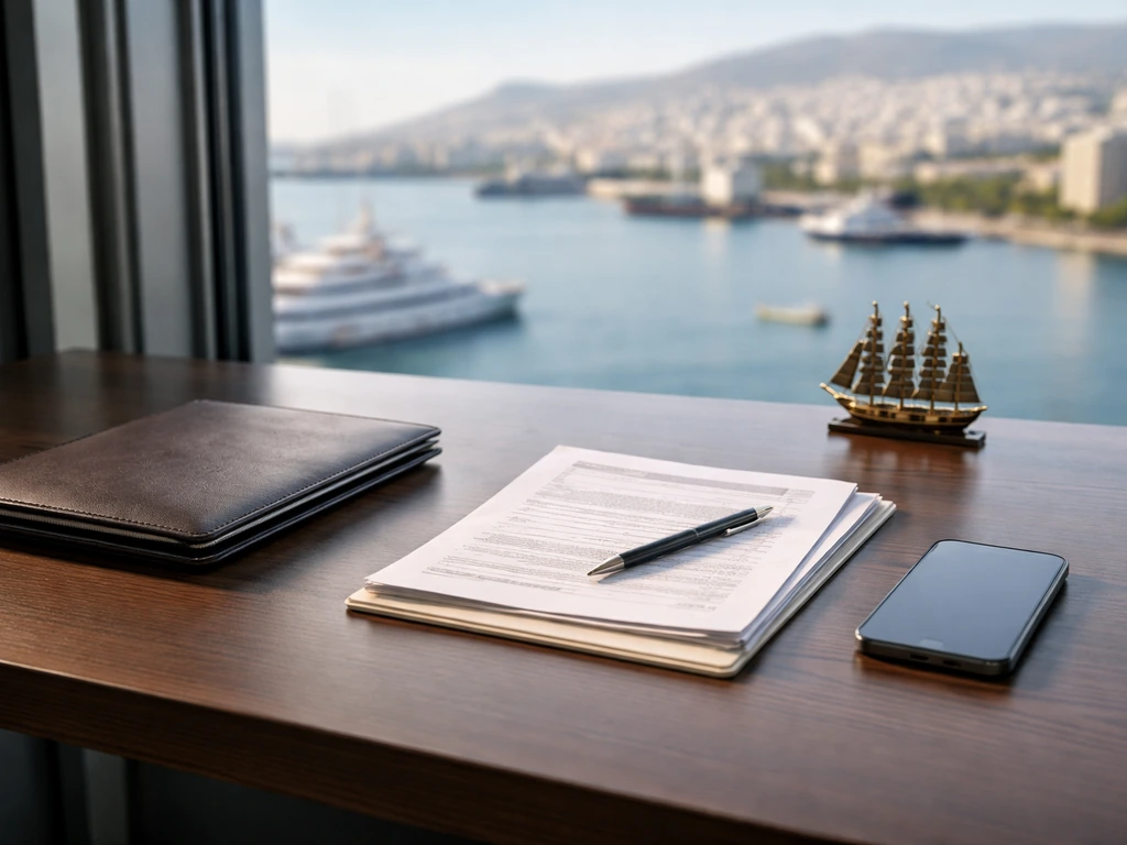 A minimalist desk scene with a smartphone, documents, and a city harbor view symbolizing business wealth verification.
