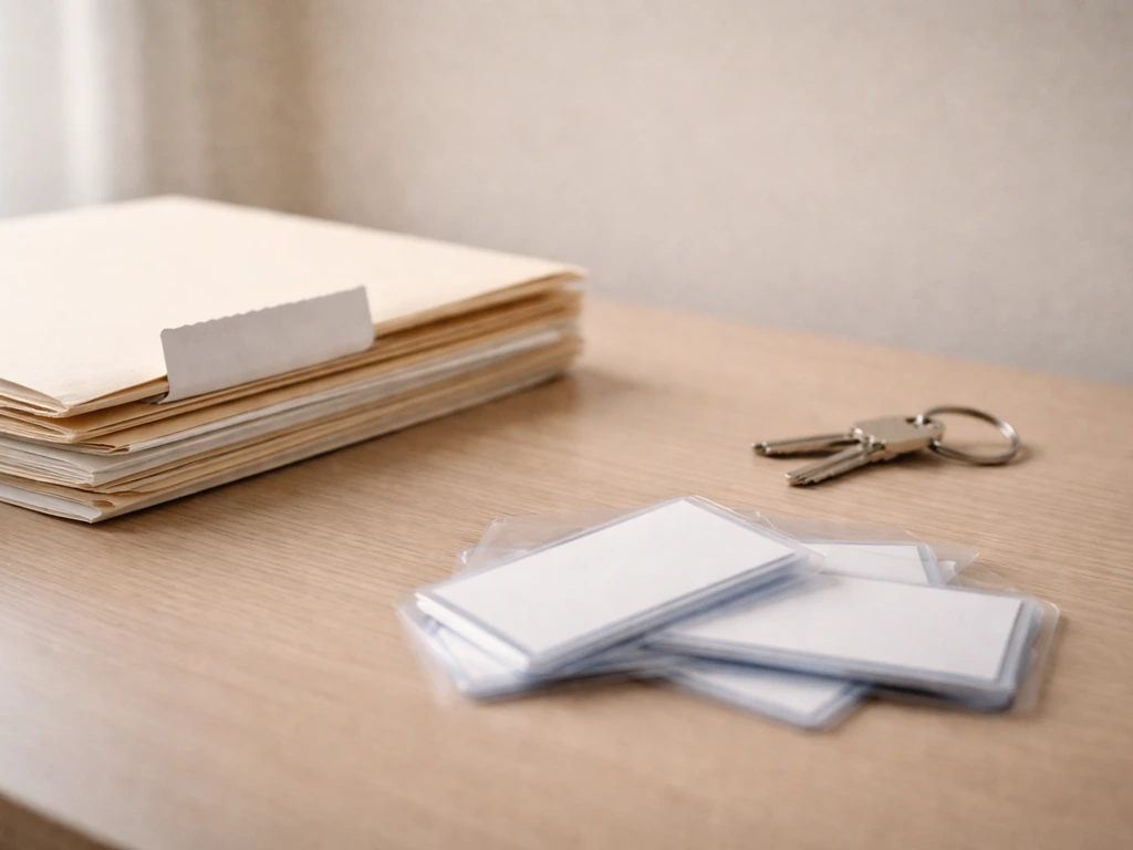 Minimal desk scene with folders and face-down name badges suggesting name variants without readable text.