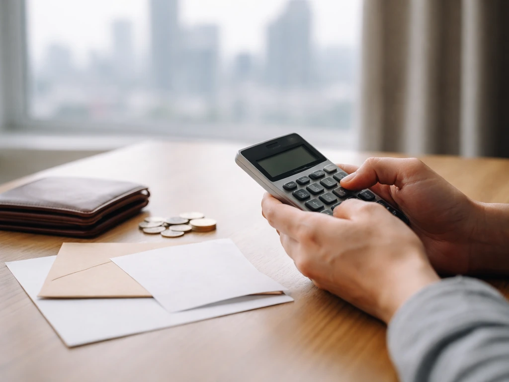 Minimal office scene with calculator and envelope beside softly lit documents, suggesting estimated wealth range