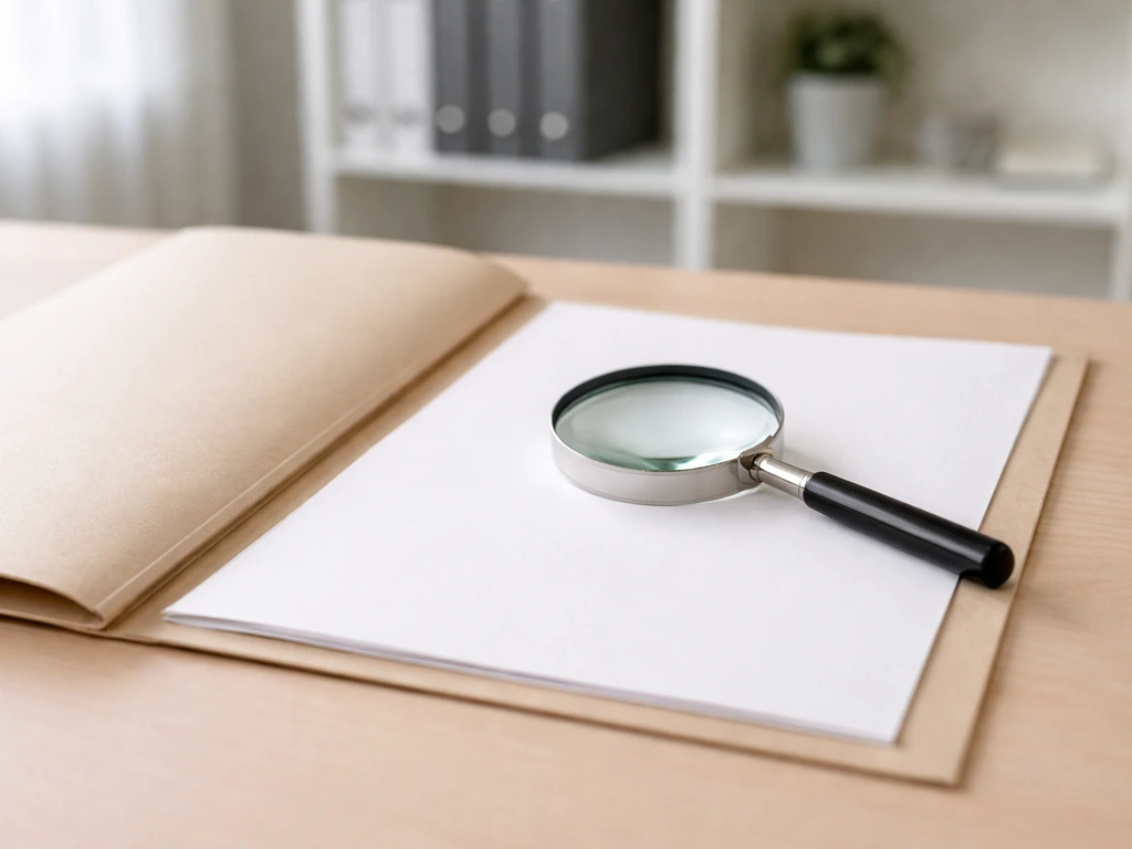 Close-up of an open folder with a blank document and magnifying glass on a quiet office desk.