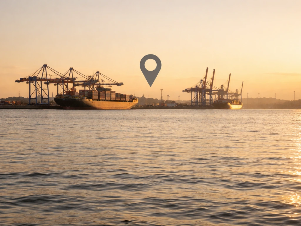 Hamburg harbor at golden hour with container cranes and ships, subtle location pin marker.