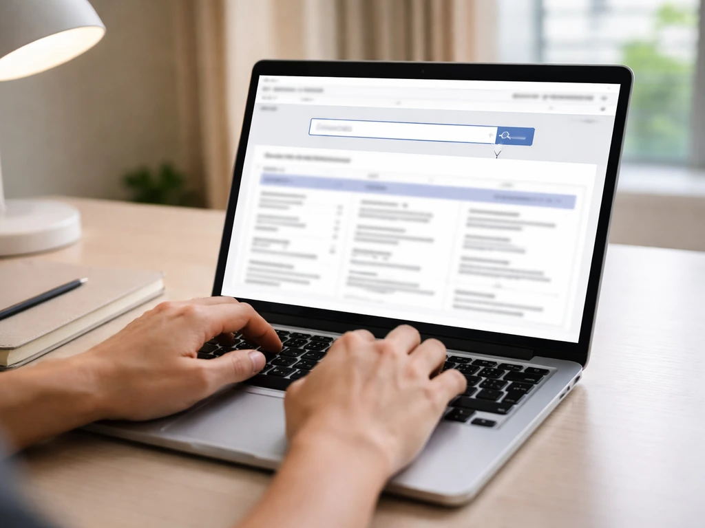 Hand using laptop in Singapore office with ACRA BizFile+ style search screen and entity page view, no readable text
