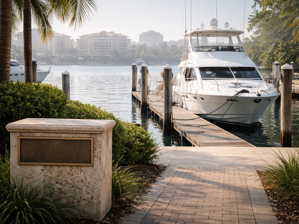 Quiet Boca Raton marina with a small charter yacht docked, hinting at cruises/entrepreneurship footprint.