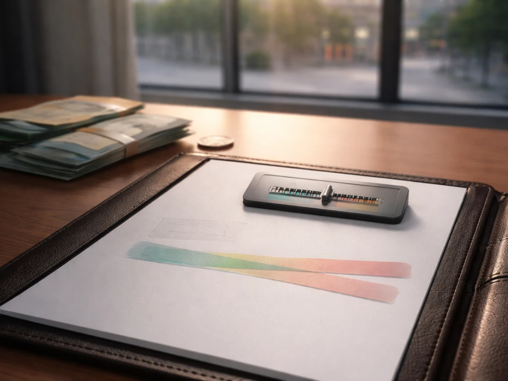 Minimal desk scene with a slider, cash envelopes, and translucent bands suggesting a net worth range.