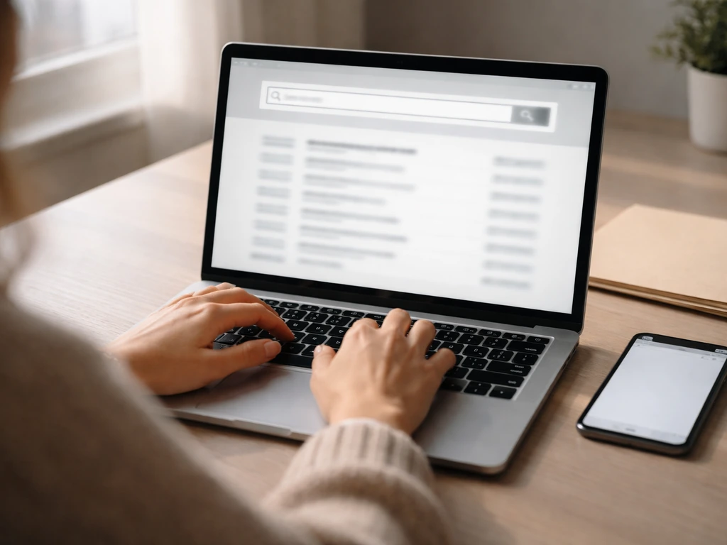 Close-up of hands using a laptop to look up public records, with blurred lookup results on screen.