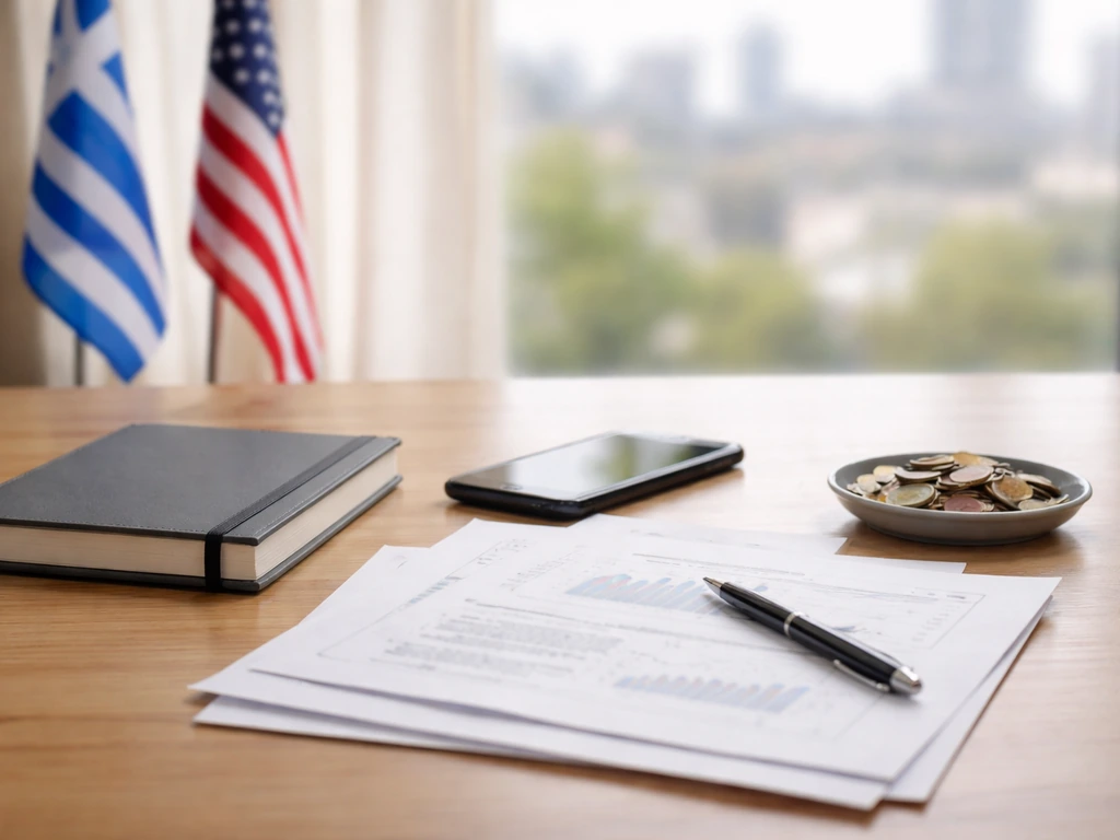 Minimal office scene with business documents, smartphone, and coins symbolizing net-worth estimation