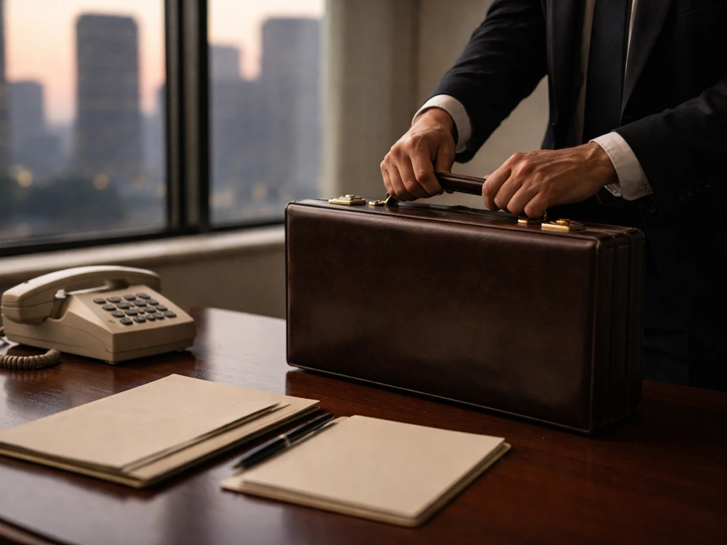 1980s-style office scene with a businessman’s briefcase near a window showing city skyline at dusk