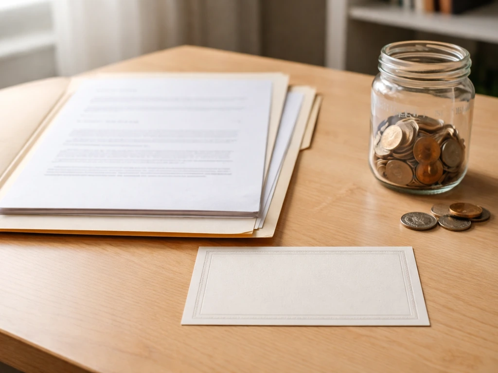 An open folder with grant papers and a small donation jar on a tidy wooden desk