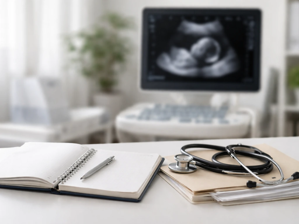 Medical desk with stethoscope and blurred ultrasound screen symbolizing fetal and maternal medicine.