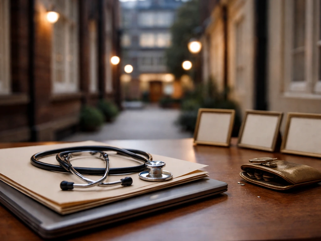 Empty stethoscope and stacked folders on a desk in a London hospital-university corridor at dusk