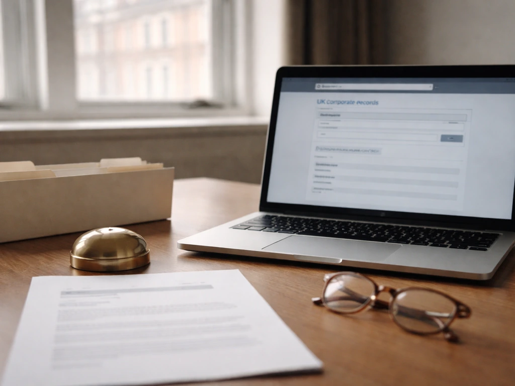 Minimal London office desk with a laptop and blank corporate record documents as a wealth-proof proxy.
