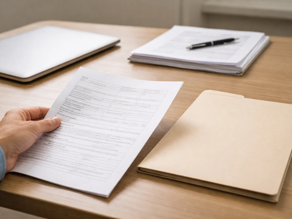 Close-up of a hand reviewing paperwork beside a laptop and UK-style company records folder in a quiet office.