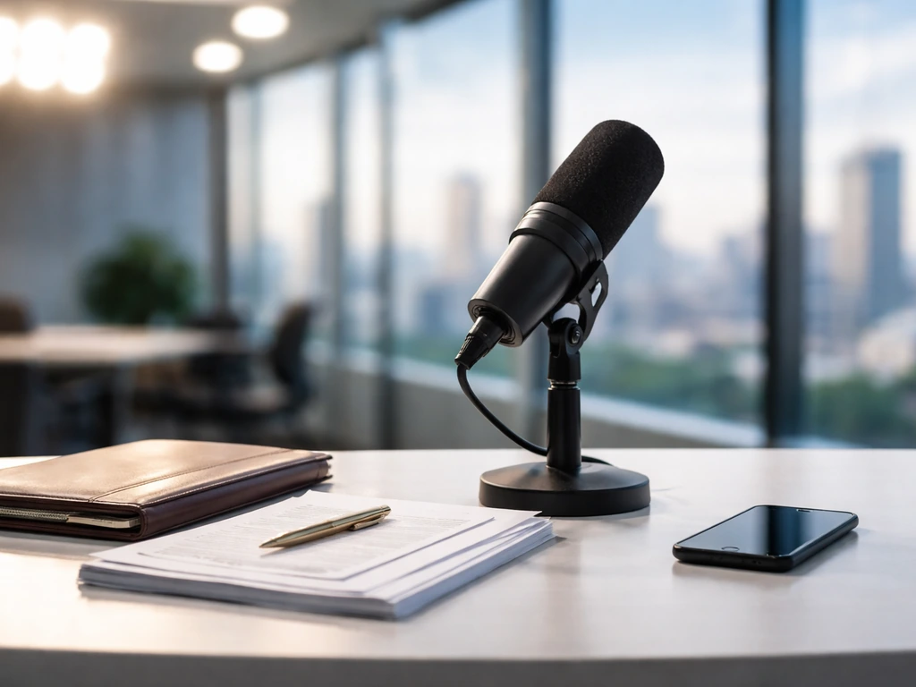 Minimal TV studio desk with a broadcast microphone, subtle business items, and blurred city skyline.