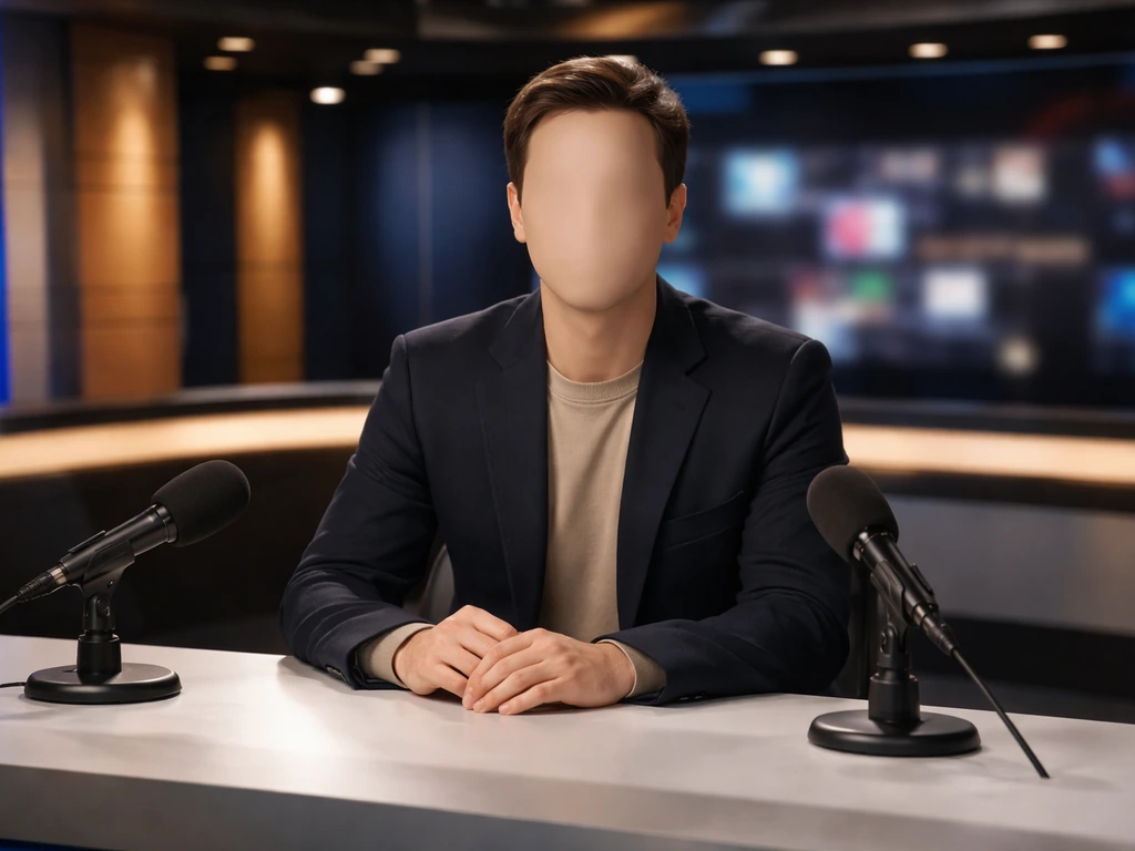Anonymous TV host at a studio desk with microphones, soft lights, blurred stage background.