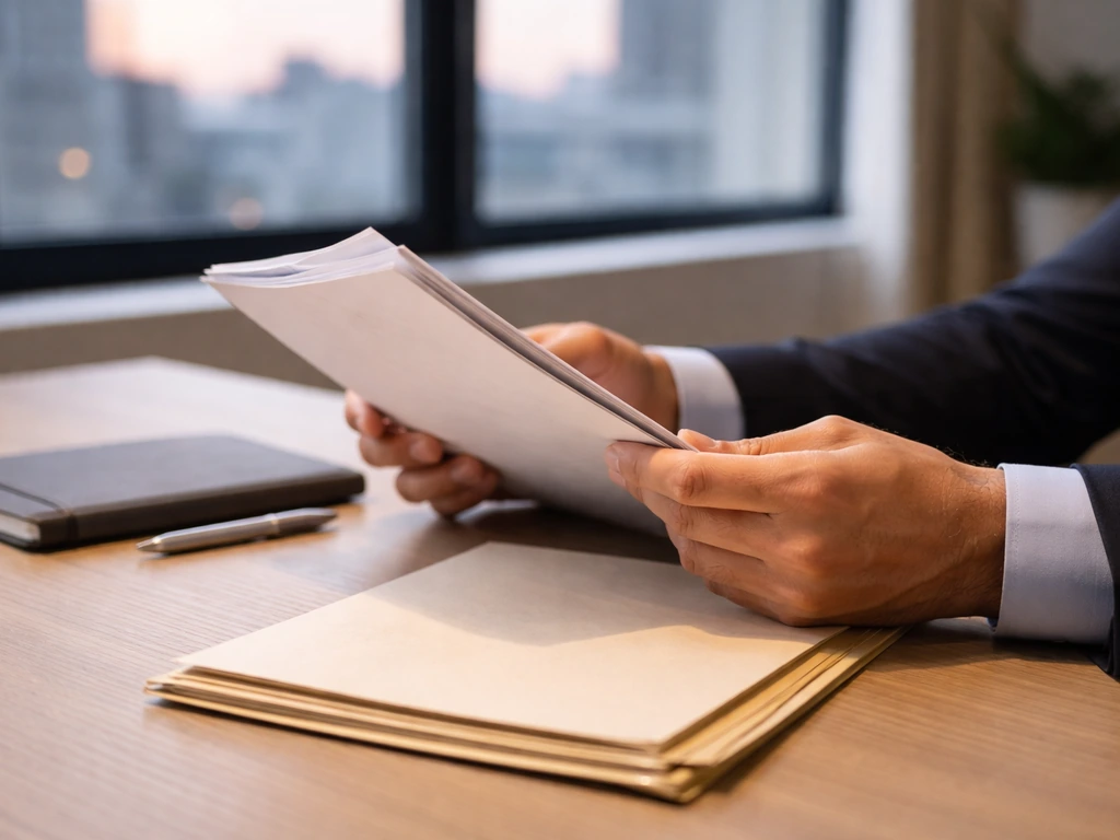Anonymous hands holding blank company documents on a wooden desk in a bright Athens office.