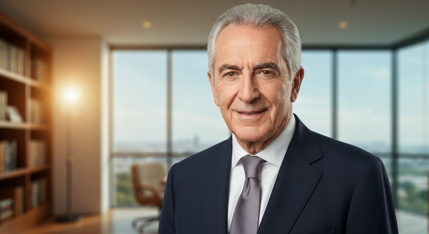 Editorial-style portrait of an older Greek businessman in a navy suit, warm lighting, shallow depth of field