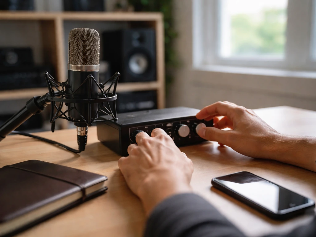 Minimal photo of a music producer working at a desk with a laptop and studio mic, symbolizing income verification.